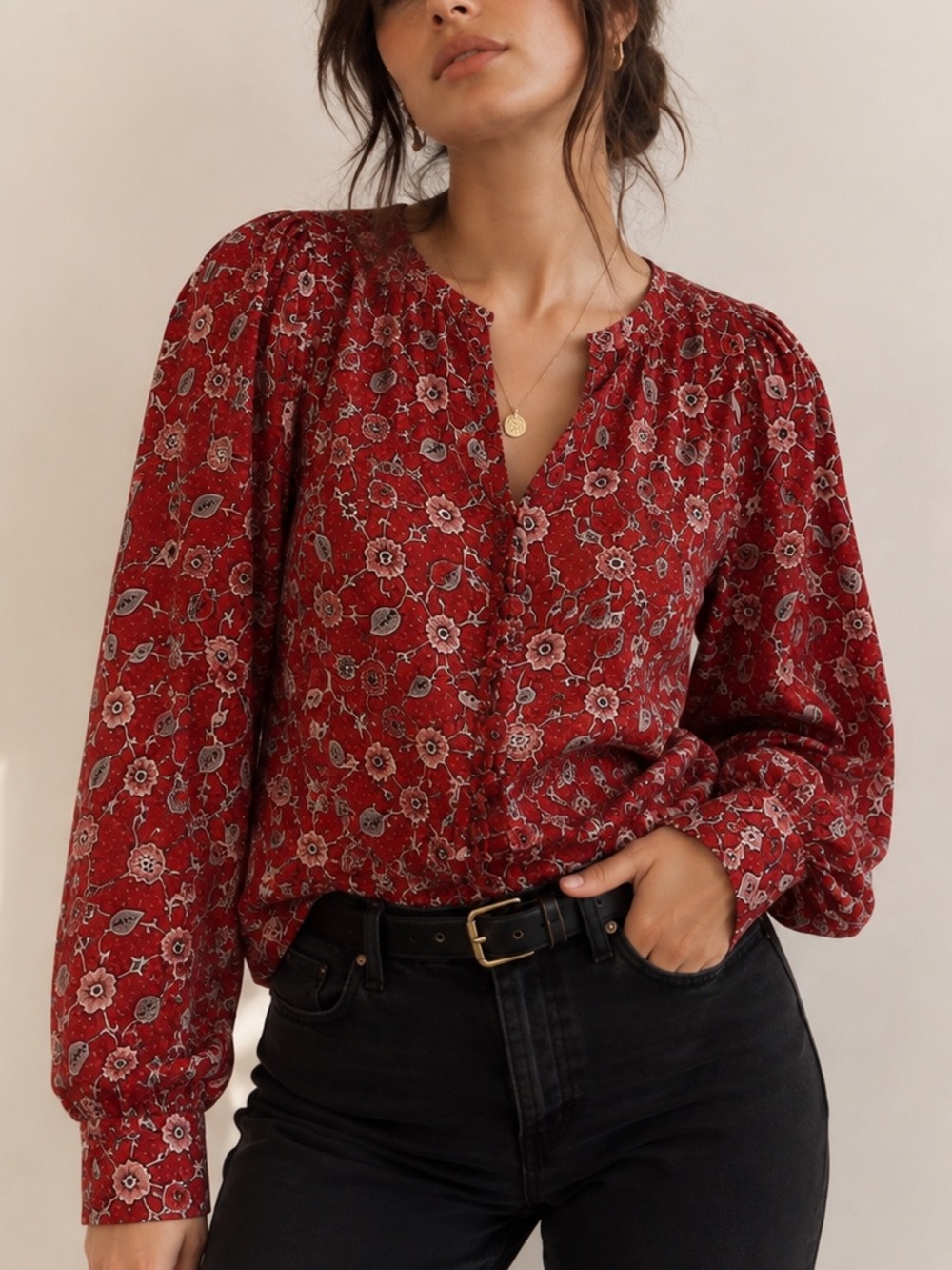 Isabel Marant Red Floral Print Long Sleeve Blouse (Size FR 40 / US 8)